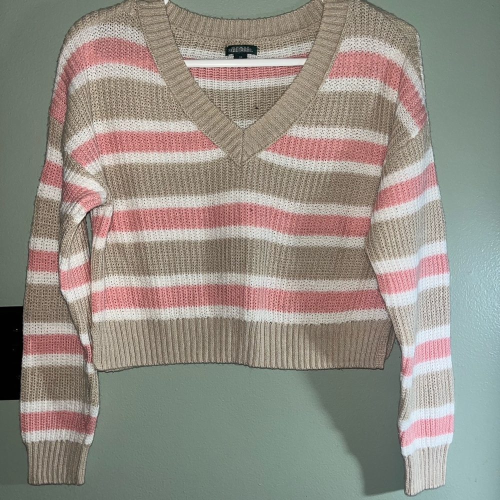 Wild Fable V-Neck Sweater - Pink, White, Tan Stripes- XS